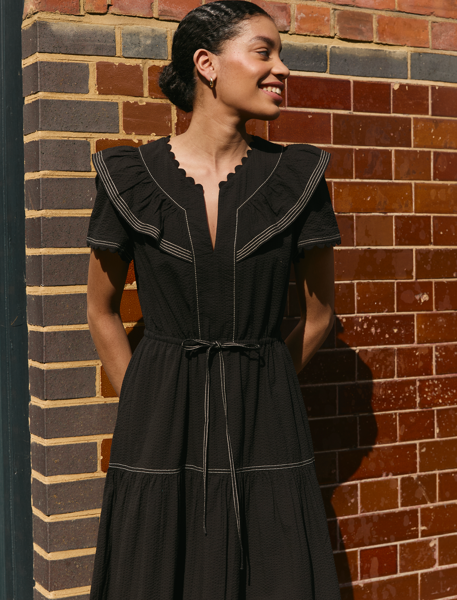 Nessa Cotton Seersucker Maxi Dress - Black