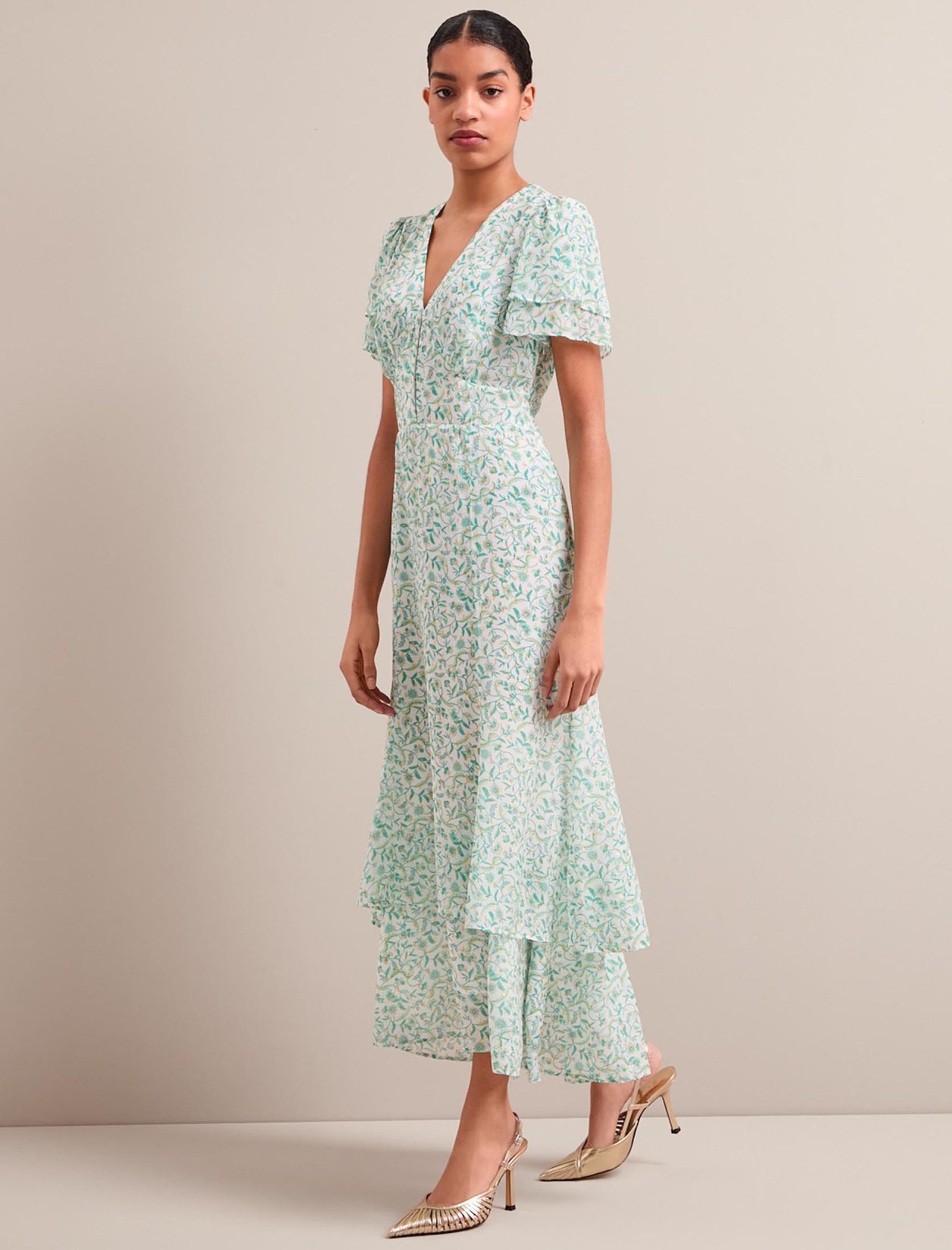 Lotta Gold Metallic Fil Coupé Maxi Dress - Green Yellow Trailing Feather Print - Image 9