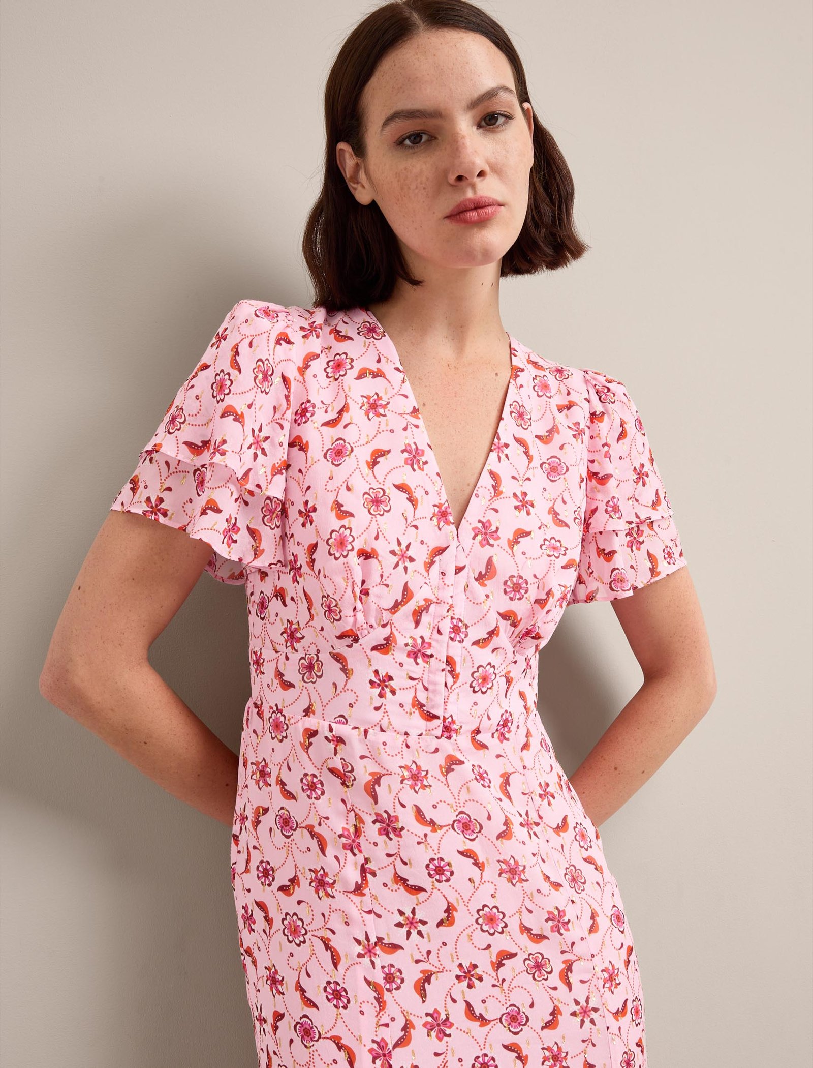 Lotta Gold Metallic Fil Coupé Maxi Dress - Pink Floral Trellis Print - Image 7