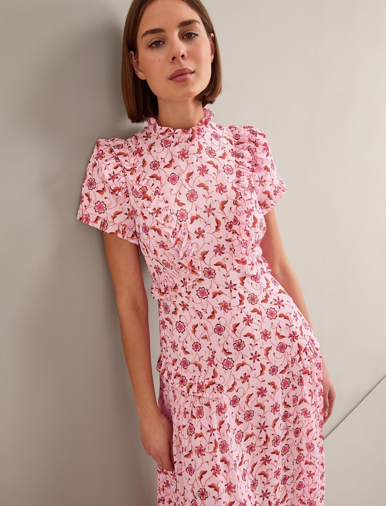 Mirabel Gold Metallic Fil Coupé Maxi Dress - Pink Floral Trellis Print - Image 3