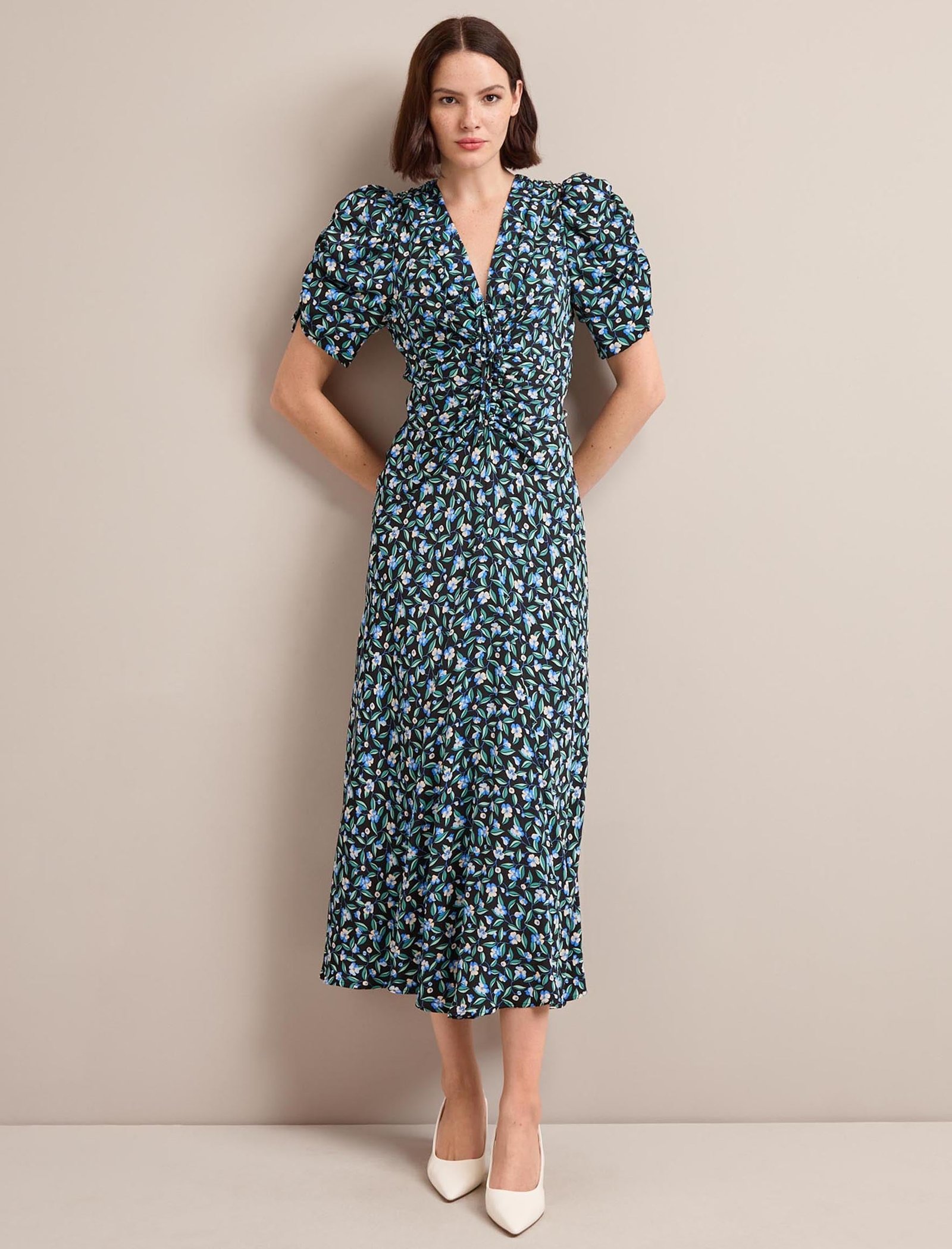 Ophelia Bias Cut Maxi Dress - Black Blue Deco Floral Print - Image 2