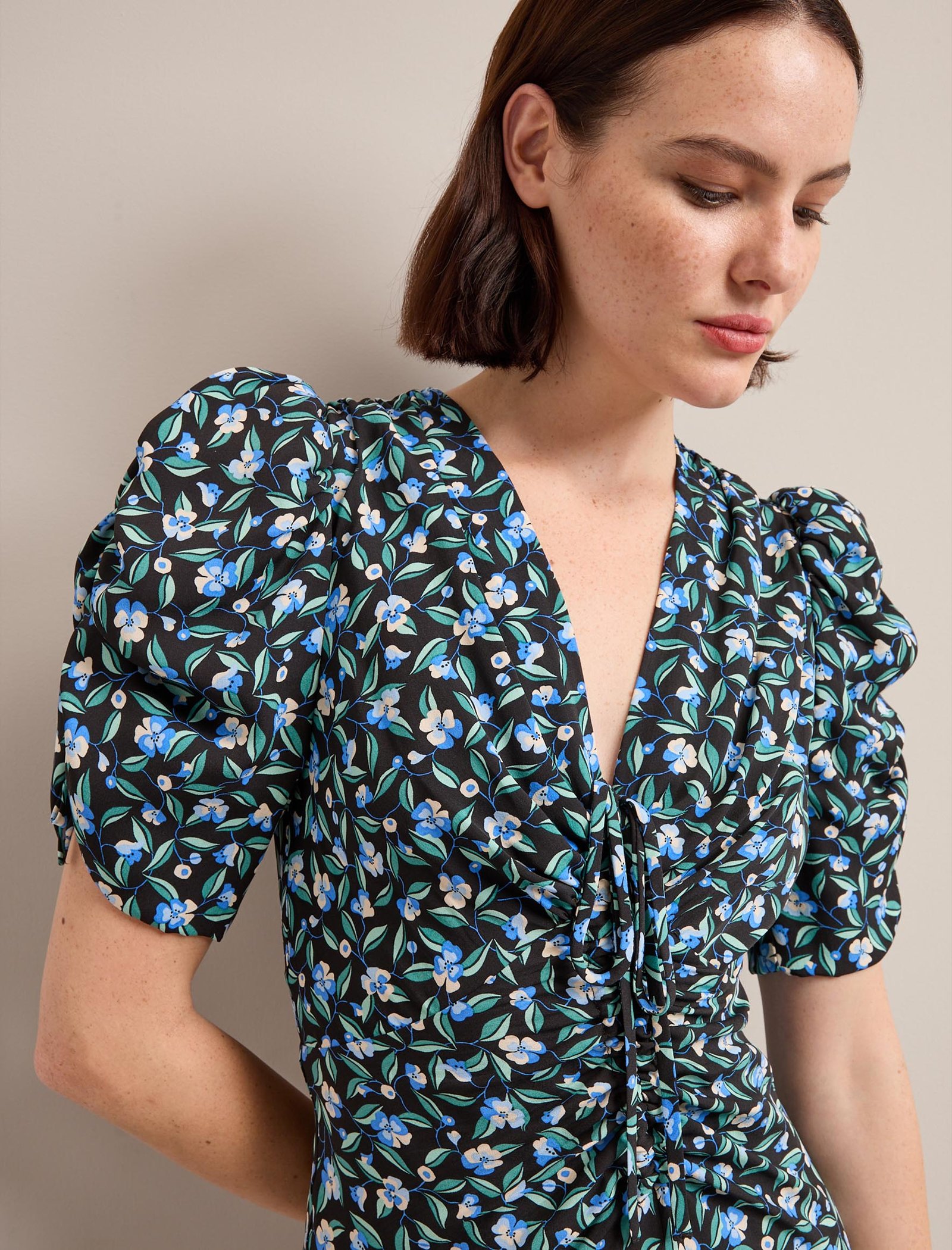 Ophelia Bias Cut Maxi Dress - Black Blue Deco Floral Print - Image 5