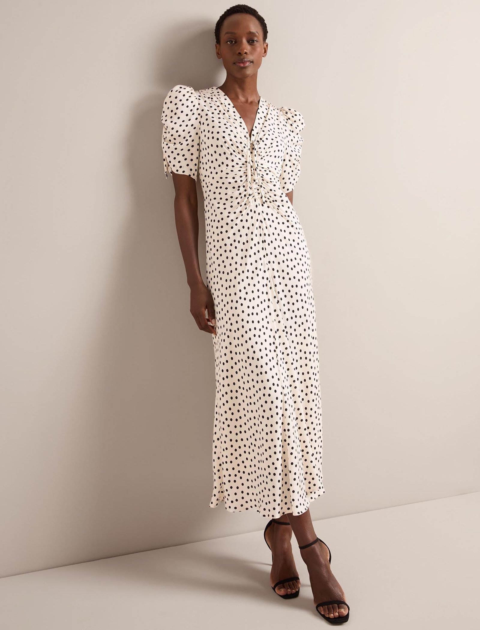 Ophelia Bias Cut Maxi Dress - Ecru Black Polka Dot Print - Image 7