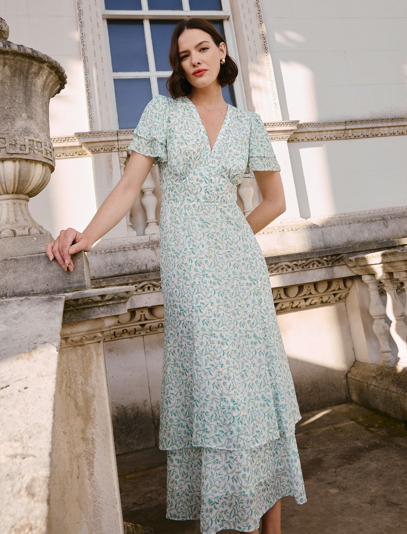 Lotta Gold Metallic Fil Coupé Maxi Dress - Green Yellow Trailing Feather Print